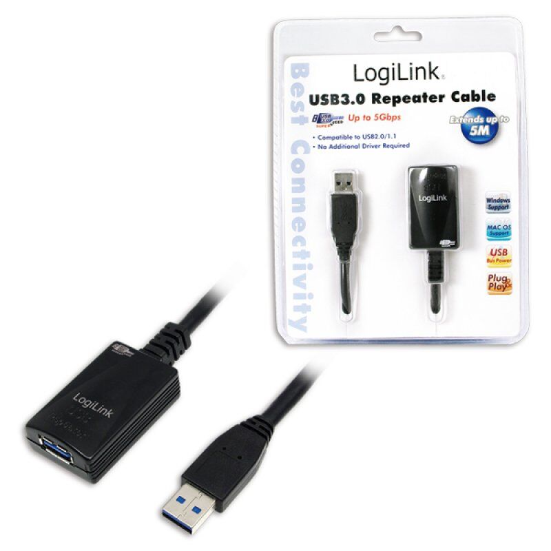 Rallonge USB 3.0 LogiLink compatible - 5m M/F (Noir)