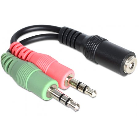 Adaptateur Delock compatible 2x Jack 3"1/2 M vers Jack 3"1/2 F 4 pôles (casque + micro) 12cm (Noir)