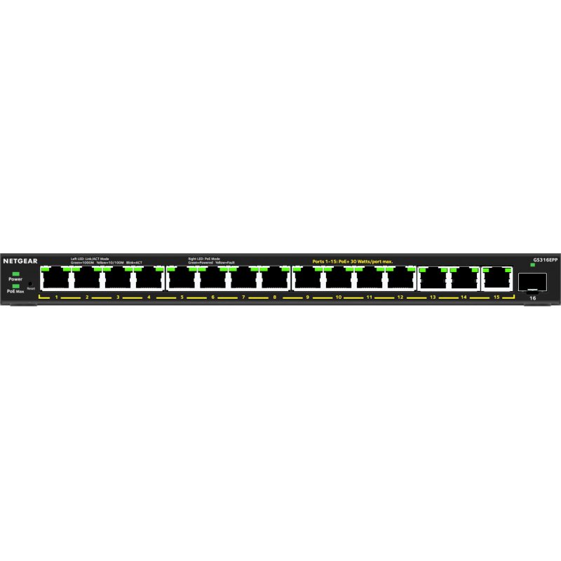 NETGEAR 16-Port High-Power PoE+ Gigabit Ethernet Plus Switch (231W) with 1 SFP port (GS316EPP) Managed Gigabit Ethernet 