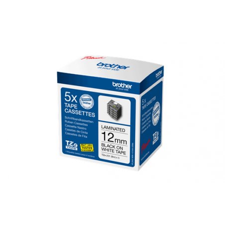 TZE231 LAMINATED TAPES 12MM 8M BLACK ON WHITE BACKGROUND