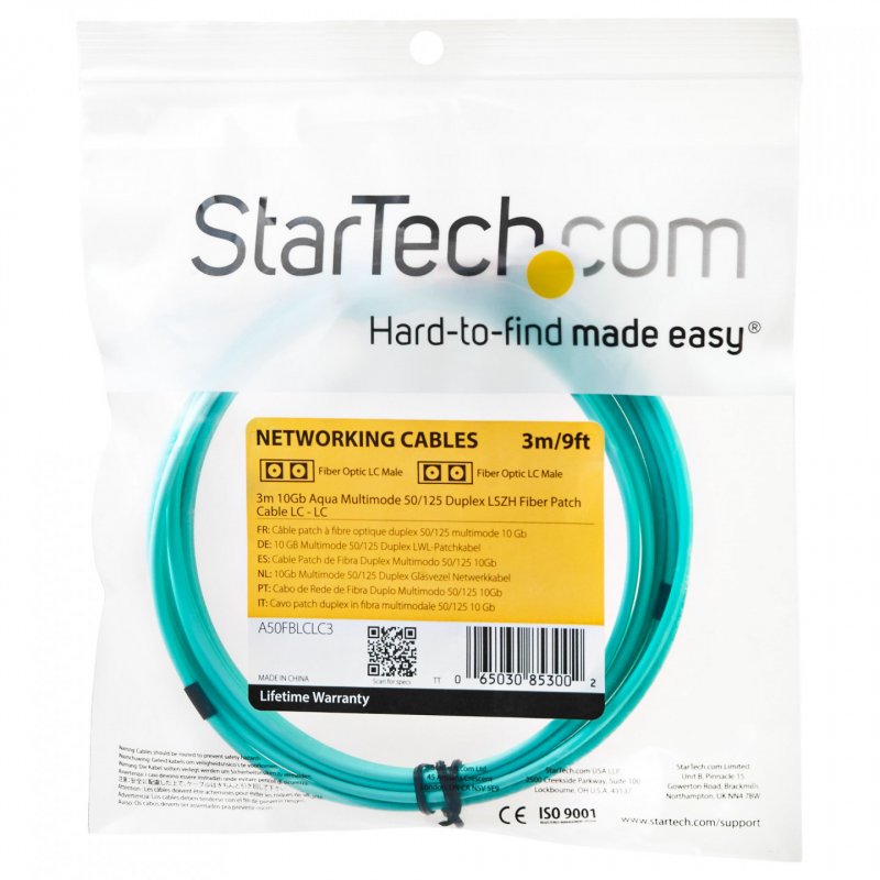 StarTech.com Câble Fibre Optique Multimode de 3m LC/UPC à LC/UPC OM3, Fibre Zipcord Full Duplex 50/125µm, Réseaux 10