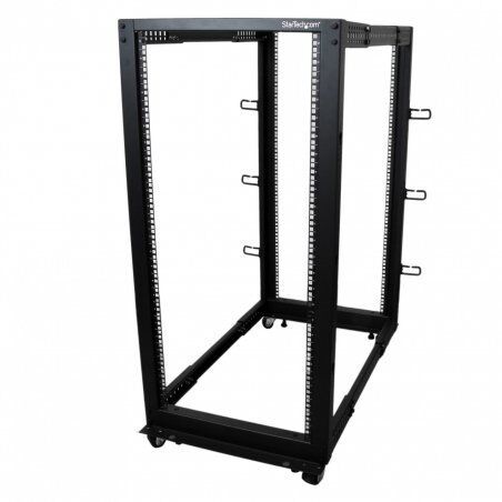 StarTech.com 4-Post 25U Mobile Open Frame Server Rack, Four Post 19in Network Rack with Wheels, Rolling Rack with Adjust