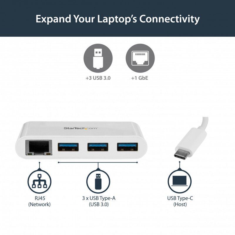 StarTech.com 3-Port USB-C Hub with Gigabit Ethernet - USB-C to 3x USB-A - USB 3.0 Hub - White~3-Port USB-C Hub with Giga
