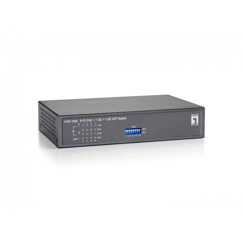 LevelOne 10-Port Fast Ethernet PoE Switch, 1 x Gigabit RJ45, 1 x Gigabit SFP, 8 PoE Outputs, 90W