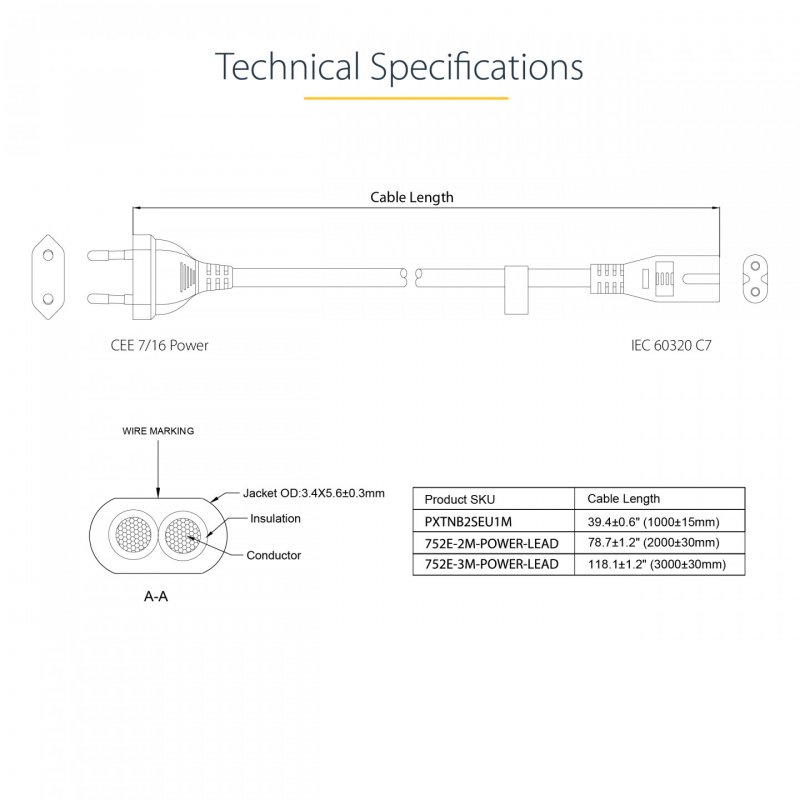 CORDON ALIMENTATION BIPOLAIRE EU VERS IEC 320 C7 DE 1M - M/F