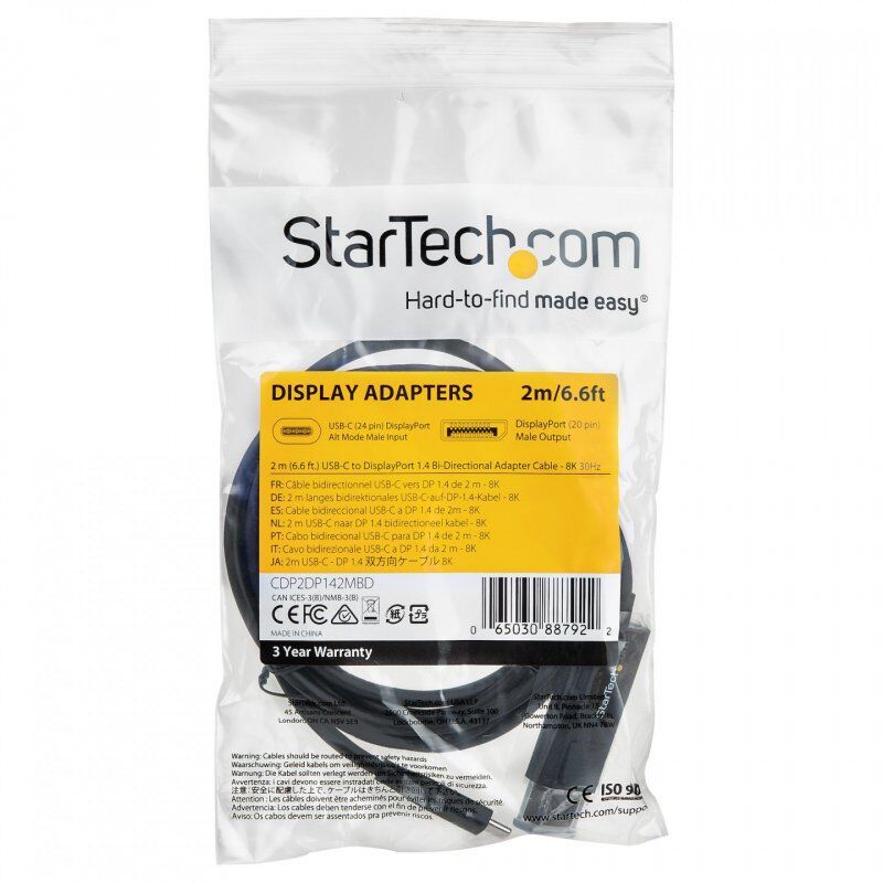 StarTech.com 6ft (2m) USB C to DisplayPort 1.4 Cable 8K 60Hz/4K - Bidirectional DP to USB-C or USB-C to DP Reversible Vi