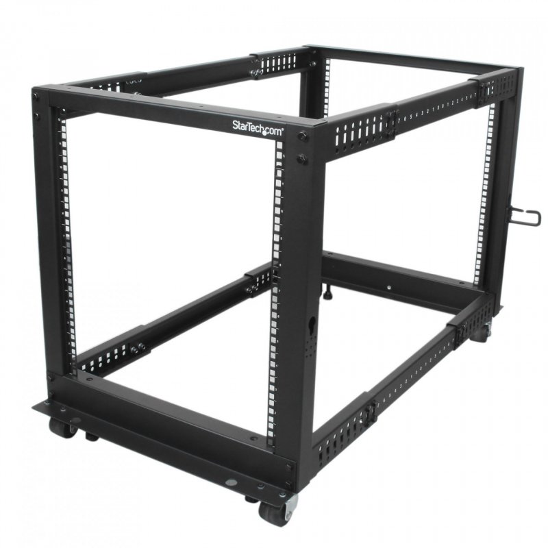 StarTech.com 4-Post 12U Mobile Open Frame Server Rack, Four Post 19" Network Rack with Wheels, Rolling Rack with Adjusta