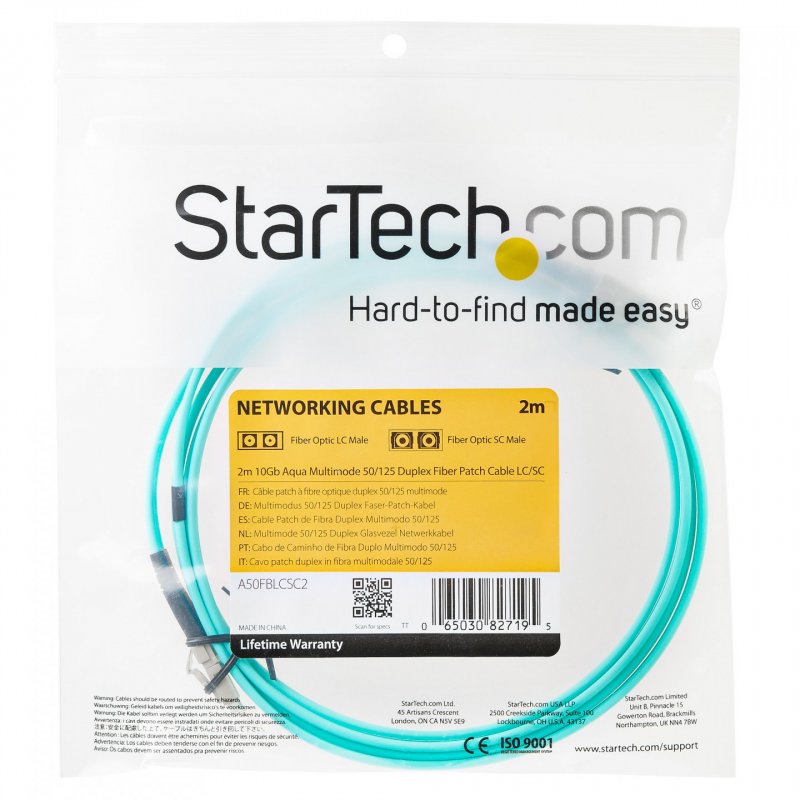 StarTech.com Câble Fibre Optique Multimode de 2m LC/UPC à LC/UPC OM3, Fibre Zipcord Full Duplex 50/125µm, Réseaux 10