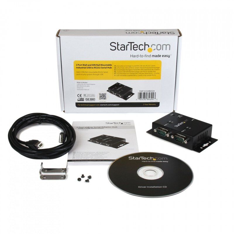 StarTech.com 2 Port Industrial Wall Mountable USB to Serial Adapter Hub with DIN Rail Clips