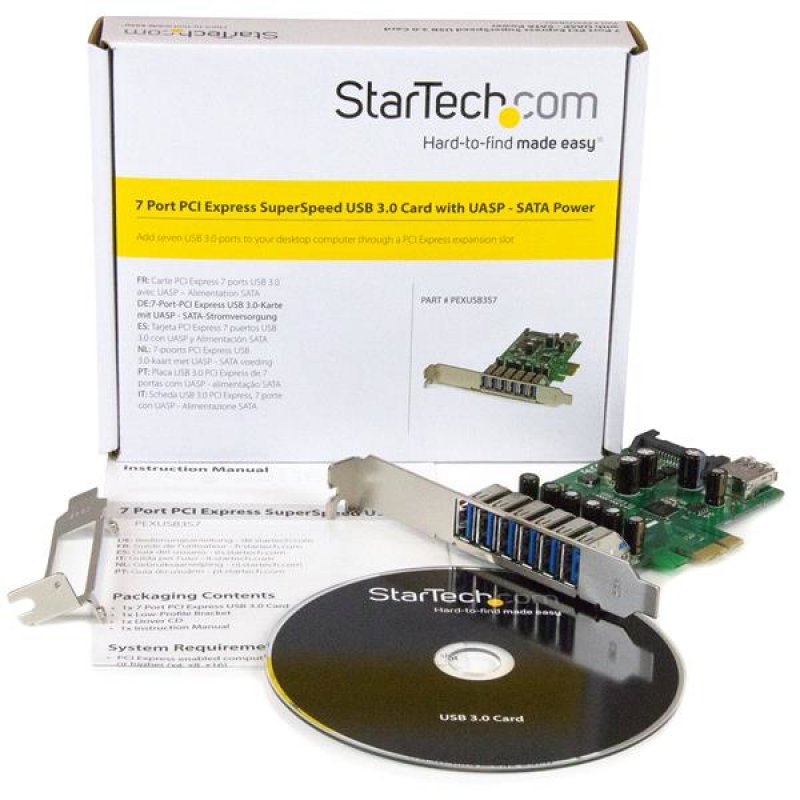 StarTech.com Carte contrôleur PCI Express à 7 ports USB 3.0 - 6 externes 1 interne - Adaptateur PCIe avec alimentation