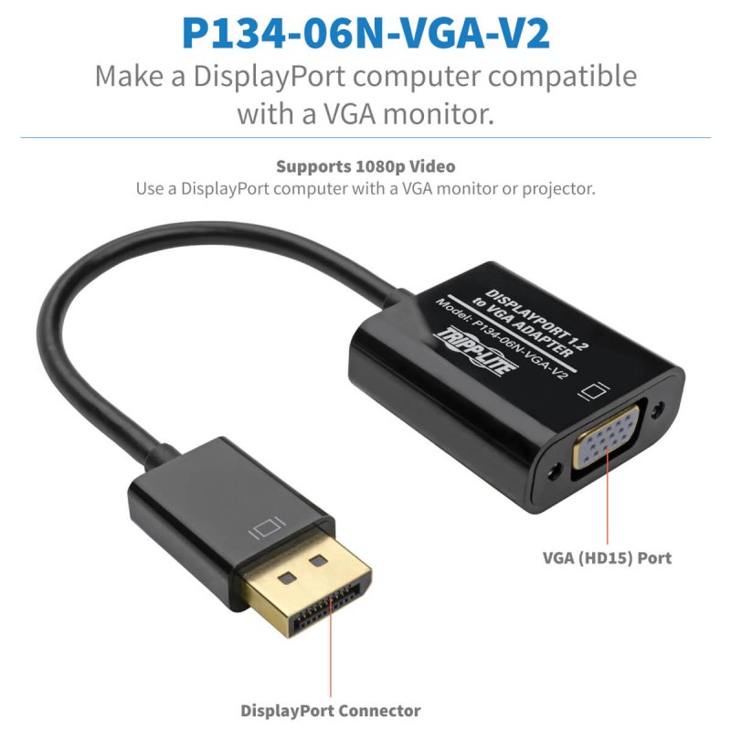 Tripp Lite P134-06N-VGA-V2 DisplayPort to VGA Active Adapter Video Converter , DP ver 1.2 (M/F), 6-in. (15.24 cm)