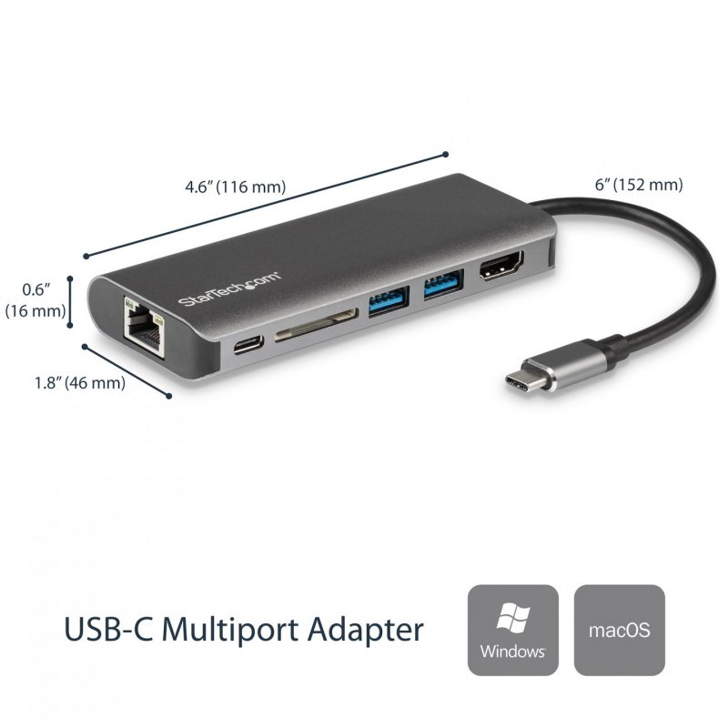 StarTech.com USB C Multiport Adapter, Portable USB-C Dock to 4K HDMI, 2-pt USB 3.0 Hub, SD/SDHC, GbE, 60W PD Pass-Throug