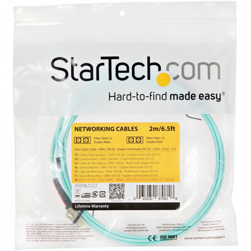 StarTech.com Câble Fibre Optique Multimode de 2m LC/UPC à LC/UPC OM4, Fibre Zipcord 50/125µm LOMMF/VCSEL, Réseaux 10