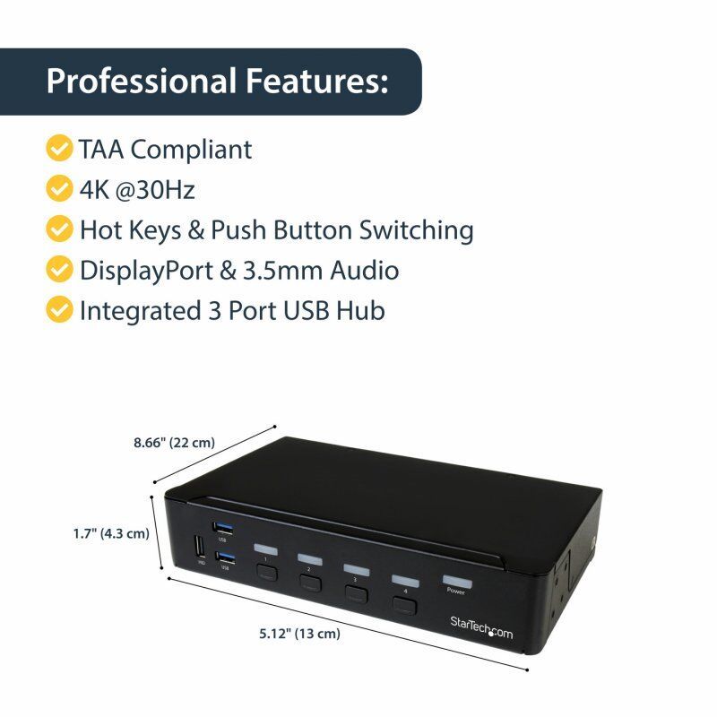 StarTech.com Switch KVM USB DisplayPort à 4 ports avec hub USB 3.0 intégré - 4K 30 Hz