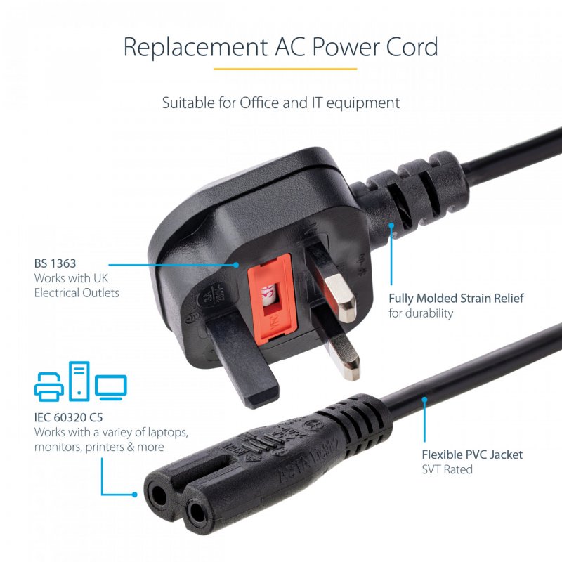 StarTech.com Cordon d'alimentation bipolaire pour UK BS1363 vers C7 de 1m pour ordinateur portable - M/F - Noir
