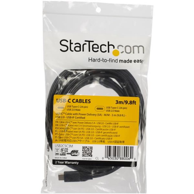 StarTech.com Câble USB-C vers USB-C avec Power Delivery 5A de 3 m - USB 2.0 - Noir
