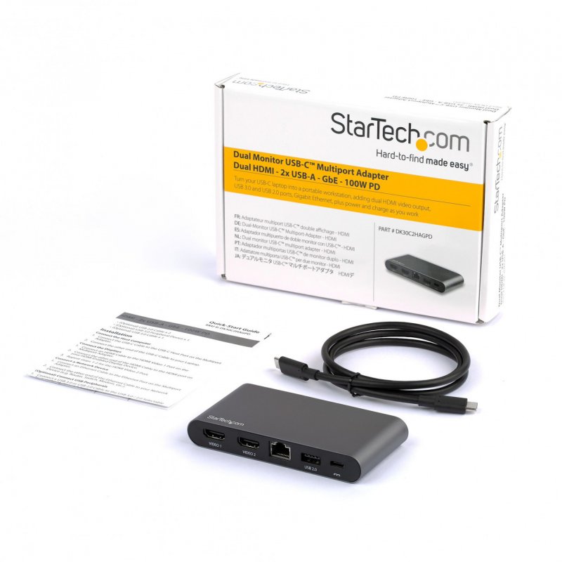 StarTech.com Dock USB C - Station d'Accueil USB-C à Double Écran 4K HDMI - 100 W Power Delivery Pass-through, GbE, 2 U