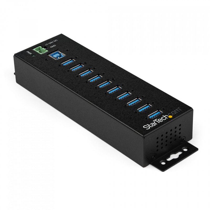 StarTech.com 10-Port USB 3.0 Hub with Power Adapter - Metal Industrial USB-A Hub with ESD & 350W Surge Protection - Din/