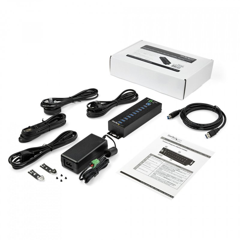 StarTech.com 10-Port USB 3.0 Hub with Power Adapter - Metal Industrial USB-A Hub with ESD & 350W Surge Protection - Din/