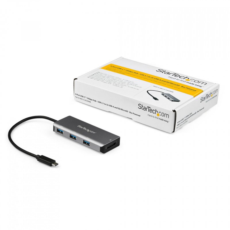 StarTech.com 3 Port 10Gbps USB C Hub with SD Card Reader - 3x USB-A & 1x SD Slot - Portable USB 3.1/3.2 Gen 2 Type C Ada