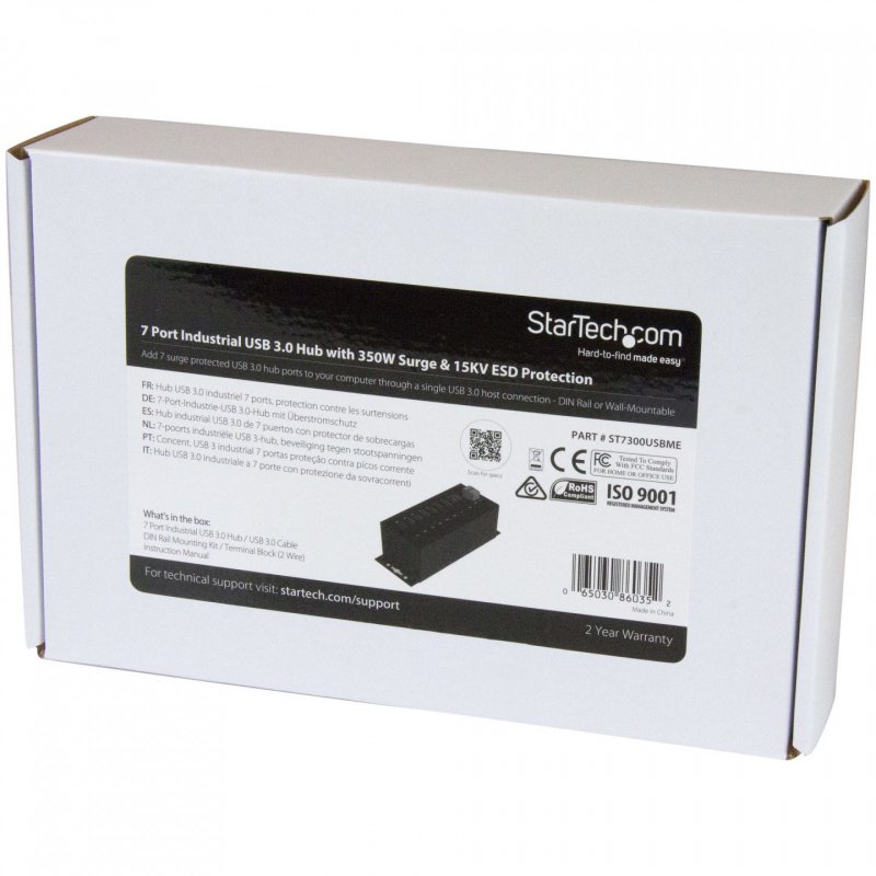 StarTech.com 7-Port USB 3.0 Hub with Power Adapter - Metal Industrial USB-A Hub with ESD & 350W Surge Protection - Din/W