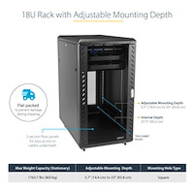 StarTech.com 18U 19" Server Rack Cabinet - 4 Post Adjustable Depth (6-32") Locking Knock Down Network/Computer Equipment
