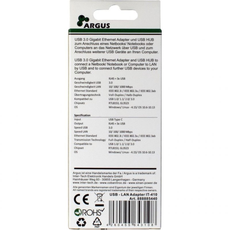 KAB USB C  Multi Adapter (3x USB 3.0 1x RJ45 Gigabit Lan) Inter-Tech compatible