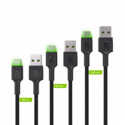 KAB SET 3x USB  USB-C (ST - ST) 1x0,3m/1x1,2m/1x2m GreenCell compatible SET1 Backlight Green LED Black