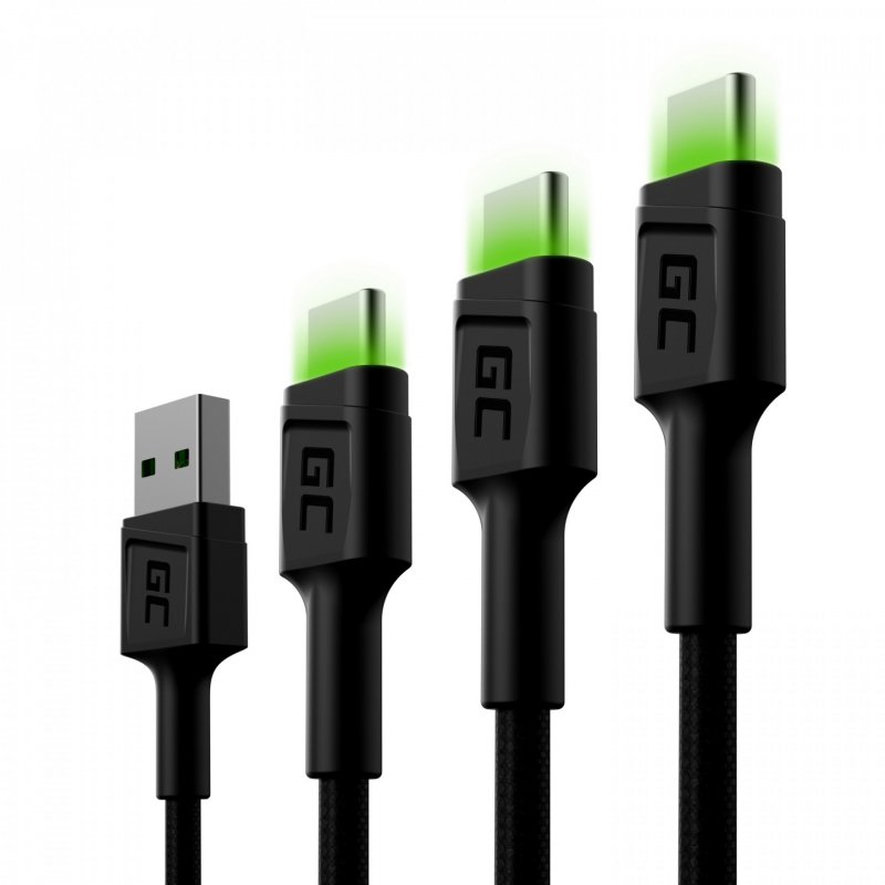 KAB SET 3x USB  USB-C (ST - ST) 1x0,3m/1x1,2m/1x2m GreenCell compatible SET1 Backlight Green LED Black