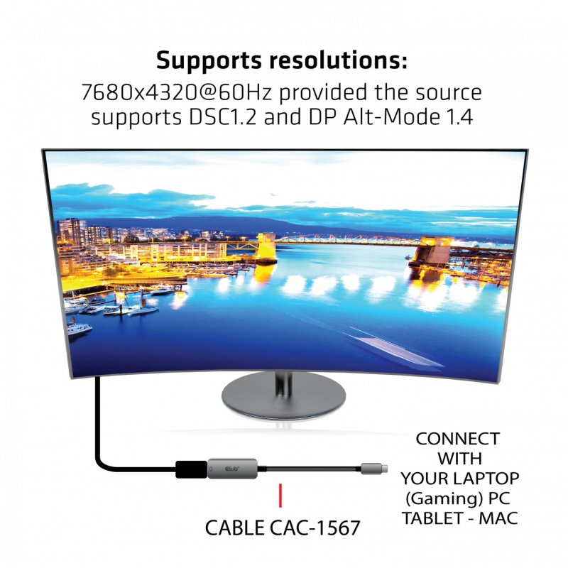 CLUB3D USB Type C to DisplayPort 1.4 8K60Hz HBR3 Active Adapter