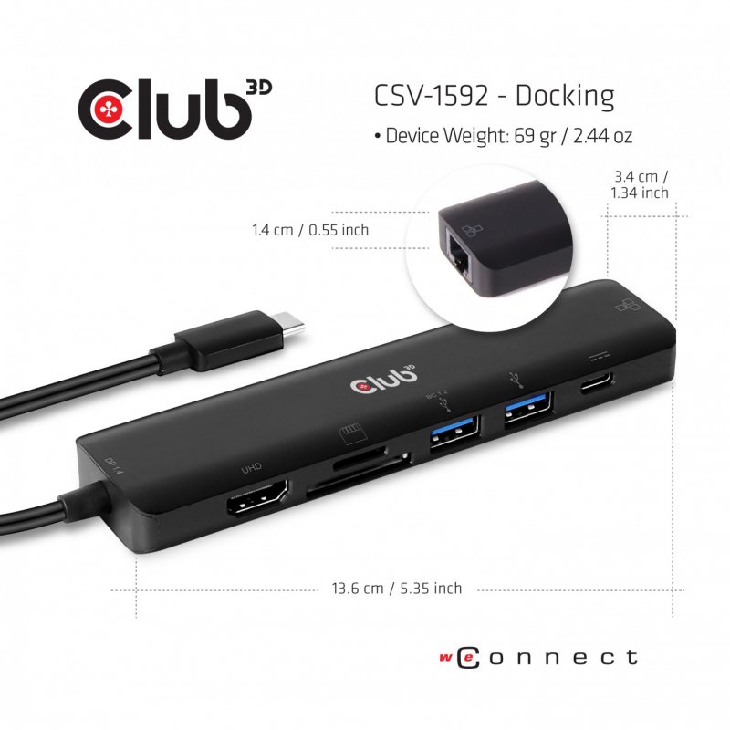 CLUB3D USB type C 7in1 Hub HDMI 4K60Hz SD TF Card slot 2x USB Type A USB Type C PD RJ45 Works with Thunderbolt 3