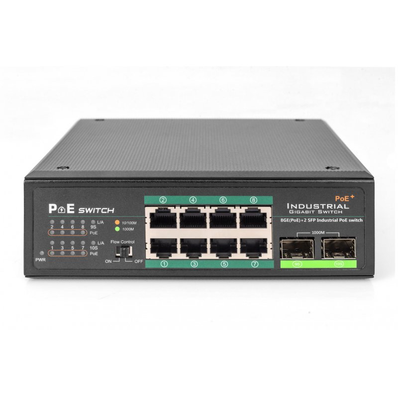 Digitus Industrial 8 Port Gigabit PoE Switch, Unmanaged, 2 Uplinks