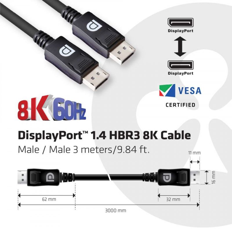 Club 3D compatible DisplayPort 1.4 HBR3 8K60Hz DSC 1.2 Kabel Stecker/Stecker - 3m