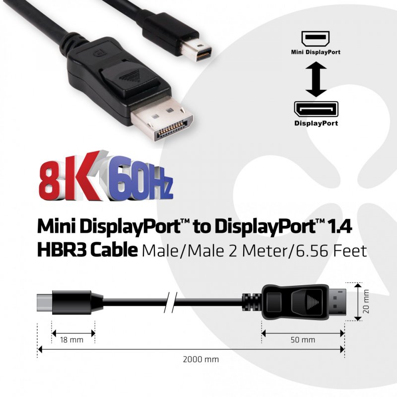 Club 3D compatible DisplayPort-Kabel - Mini DisplayPort auf DisplayPort 1.4 - 2 m