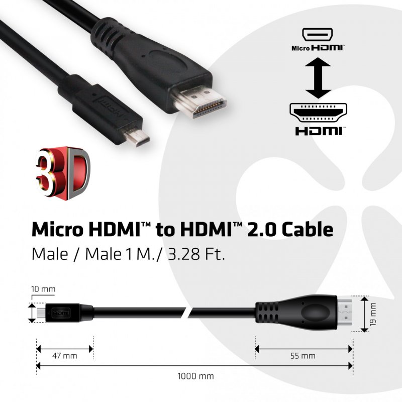 CLUB3D Micro HDMI™ to HDMI™ 2.0 4K60Hz Cable 1M / 3.28Ft