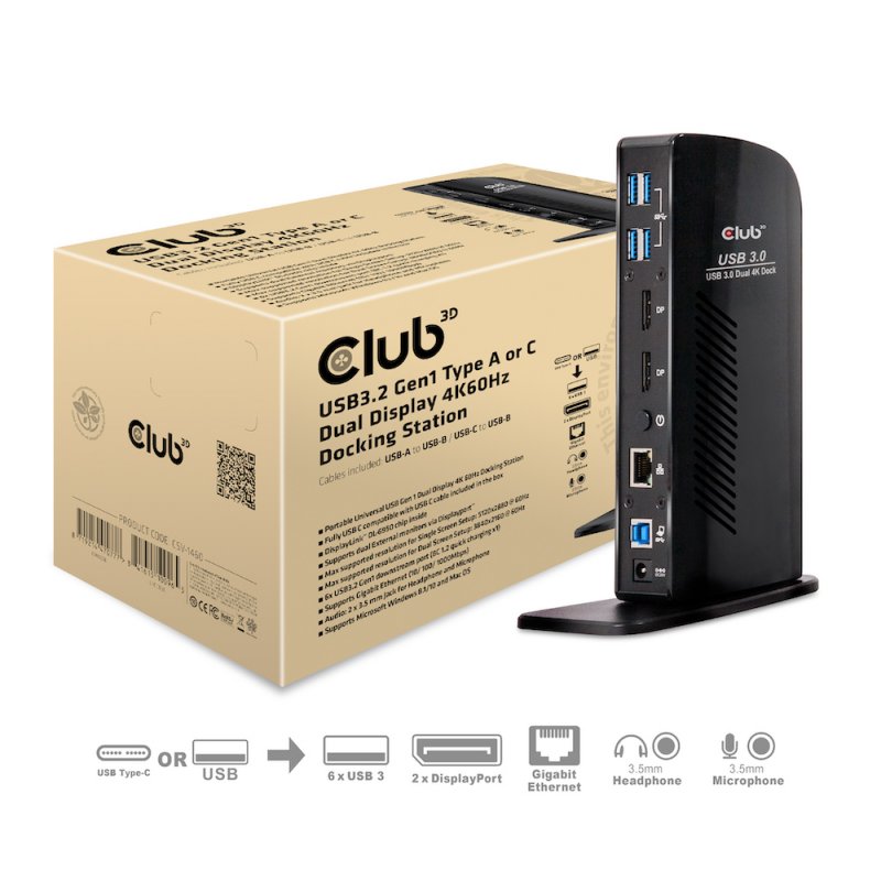 CLUB3D USB3.2 Gen1 Type A or C Dual Display 4K60Hz Docking Station DisplayLink Certified