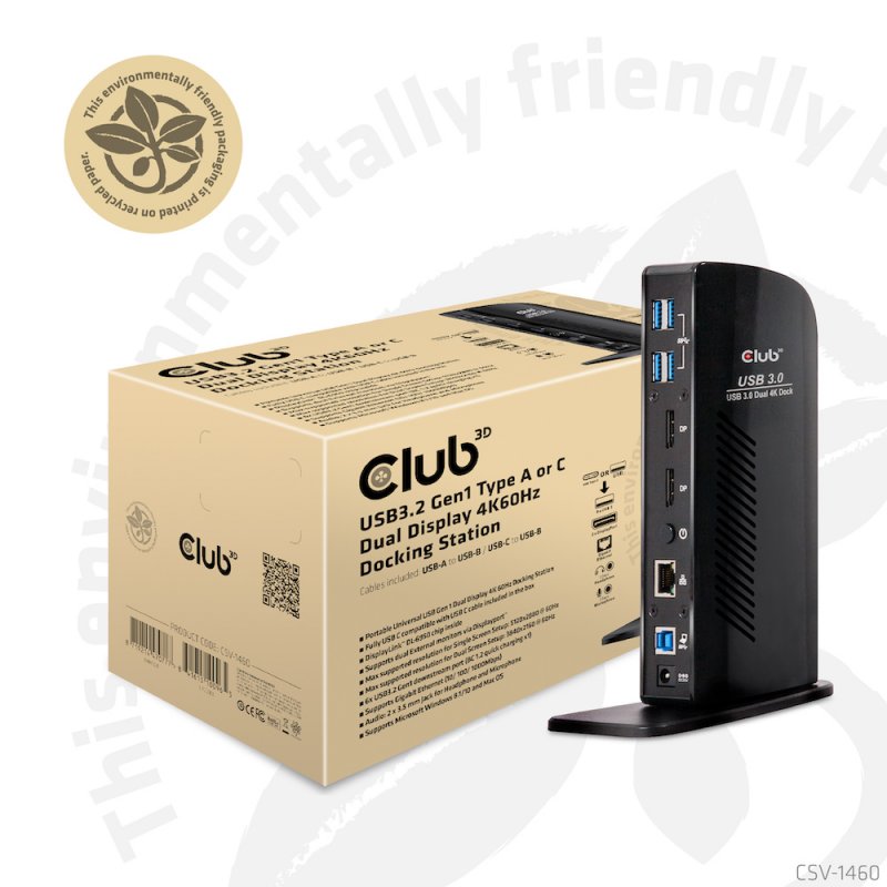 CLUB3D USB3.2 Gen1 Type A or C Dual Display 4K60Hz Docking Station DisplayLink Certified