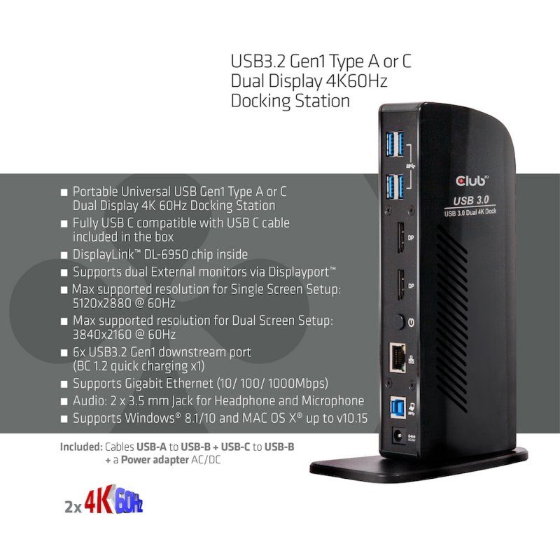 CLUB3D USB3.2 Gen1 Type A or C Dual Display 4K60Hz Docking Station DisplayLink Certified
