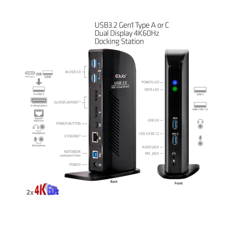 CLUB3D USB3.2 Gen1 Type A or C Dual Display 4K60Hz Docking Station DisplayLink Certified