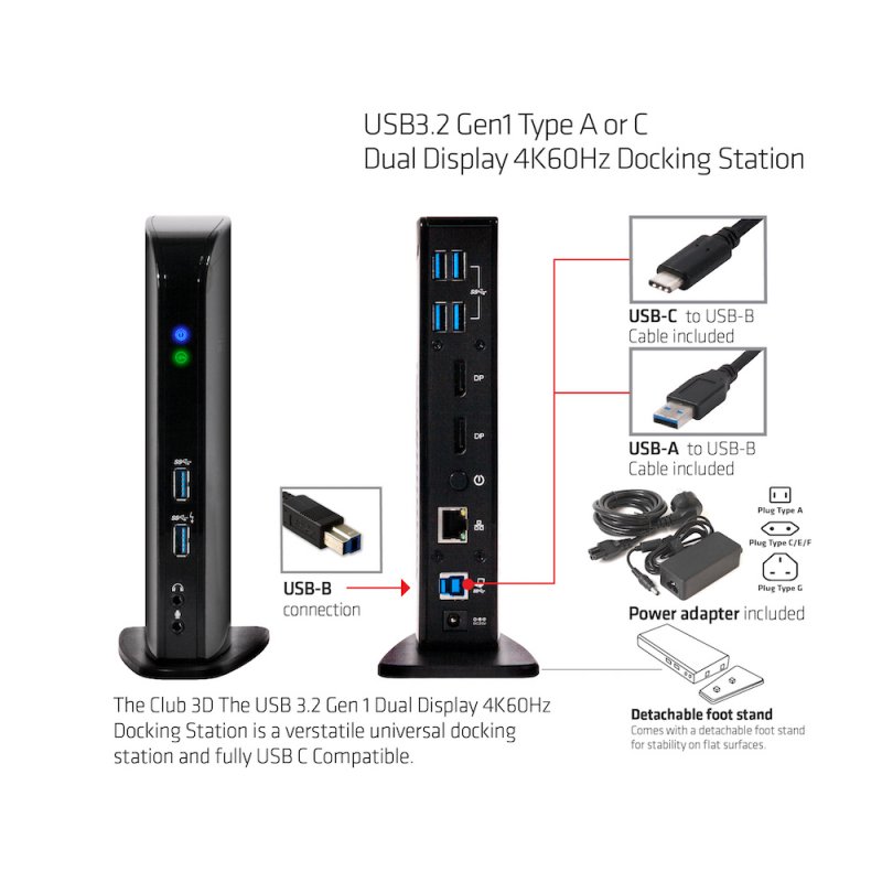 CLUB3D USB3.2 Gen1 Type A or C Dual Display 4K60Hz Docking Station DisplayLink Certified