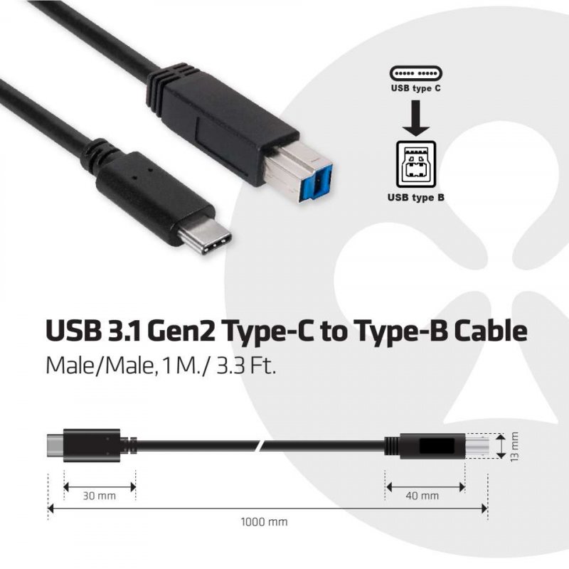 CLUB3D USB 3.1 Gen2 Type-C to Type-B Cable Male/Male, 1 M./ 3.3 Ft.