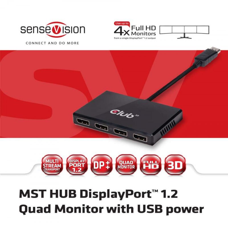 Club 3D compatible MST-Hub - DisplayPort 1.2 Quad Monitor - USB Powered