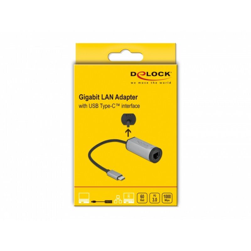 KAB USB-C (ST)  Gigabit LAN RJ45 (BU) Power Delivery bis zu 1000Mbps Kabellänge 15cm DeLOCK Black Grey