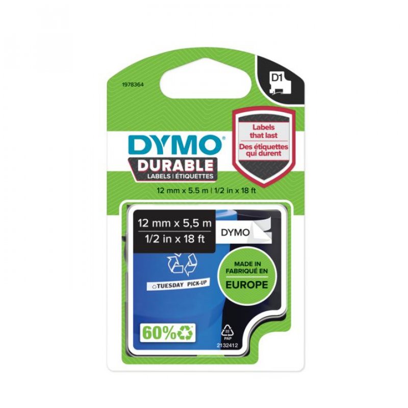 DYMO D1 ruban d'etiquette HP, noir/blanc, 12 mm x 5,5 m