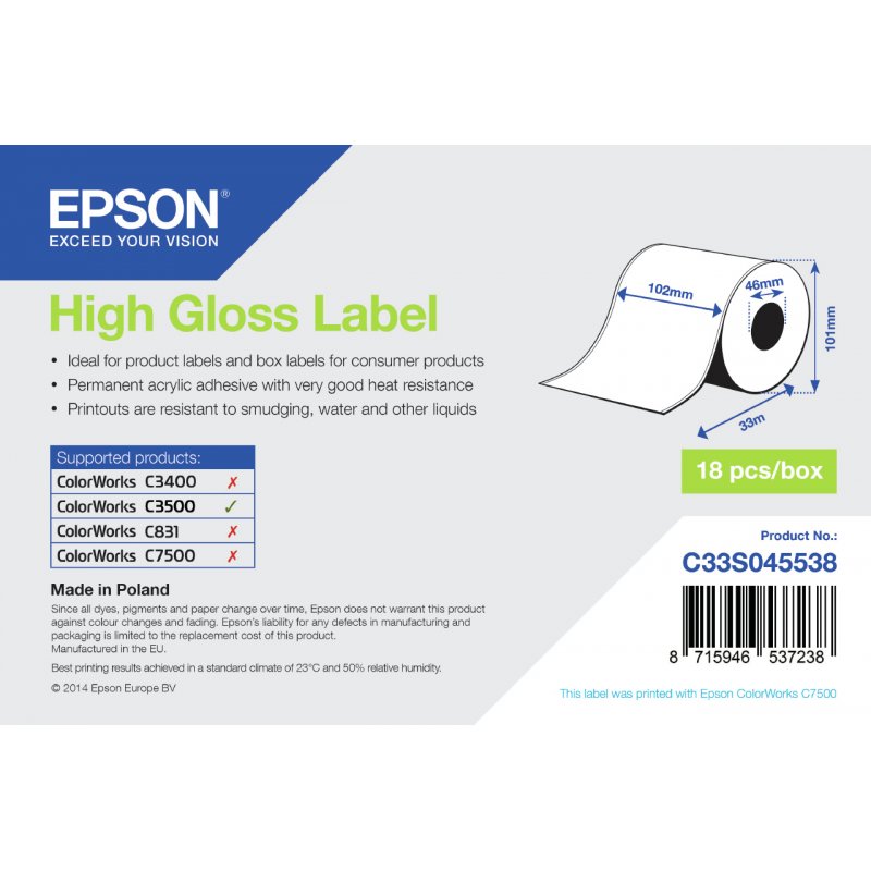 HIGH GLOSS LABEL - CONTINUOUS 102MM X 33M