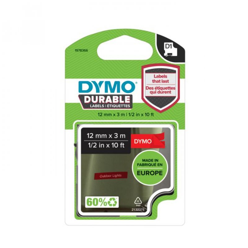 DYMO D1 vinyle ruban d'etiquette HP, blanc/rouge, 12 mm x 3m