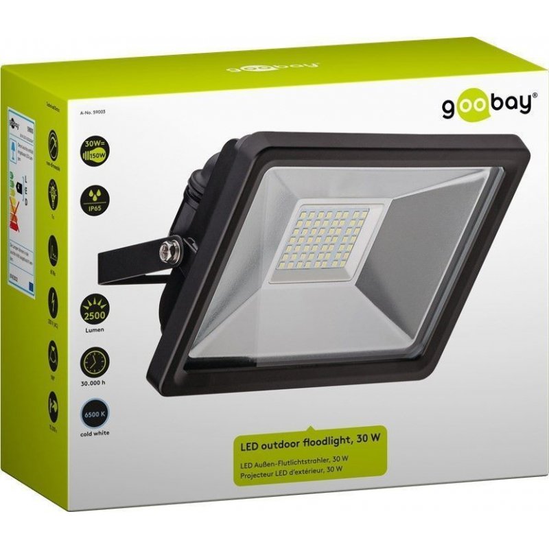 Projecteur LED extérieur Goobay compatible 30W 2500lm avec détecteur de mouvement (Noir)