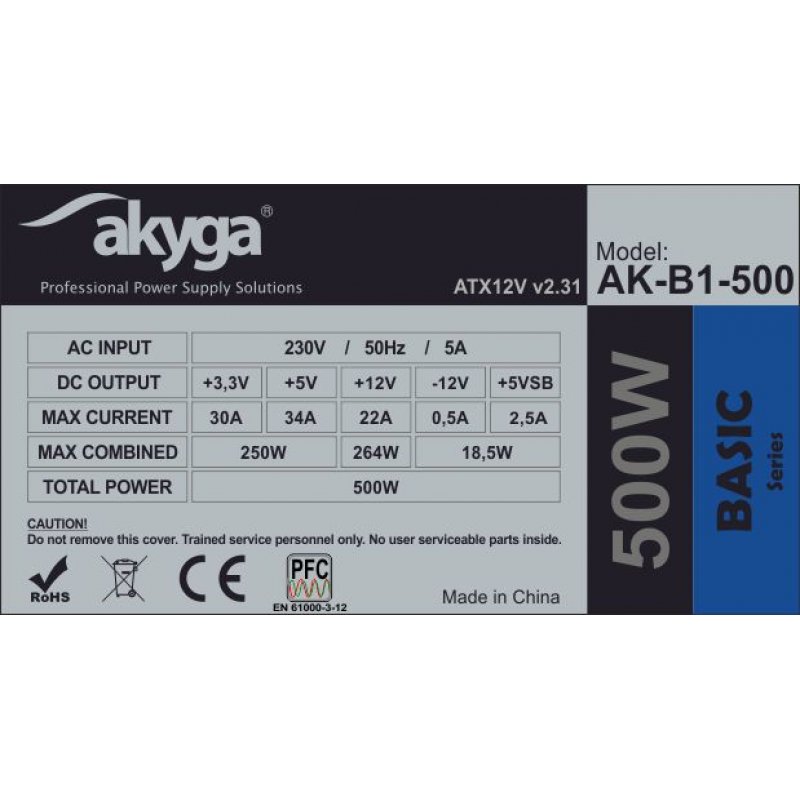 Akyga AK-B1-500 unité d'alimentation d'énergie 500 W 20+4 pin ATX ATX Gris
