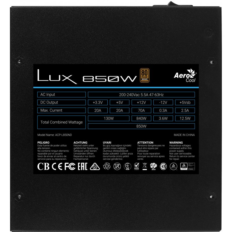 Aerocool LUX 850W unité d'alimentation d'énergie 20+4 pin ATX Noir