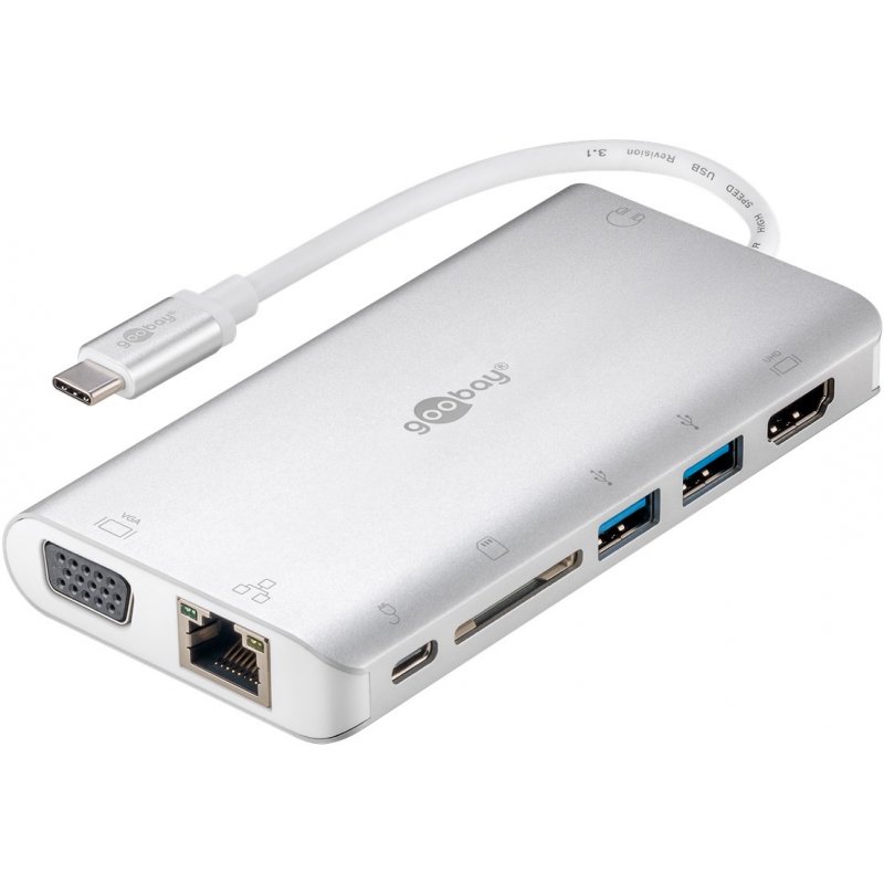 Adaptateur USB 3.0 Type C Goobay compatible vers HDMI, RJ45 Gigabit, Lecteur de Carte Micro SD/SD et Hub 3 ports